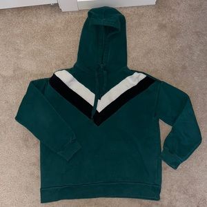 FOREVER 21 DARK GREEN BLACK WHITE STRIPE DRAWSTRING HOODIE SWEATSHIRT SZ MEDUIM